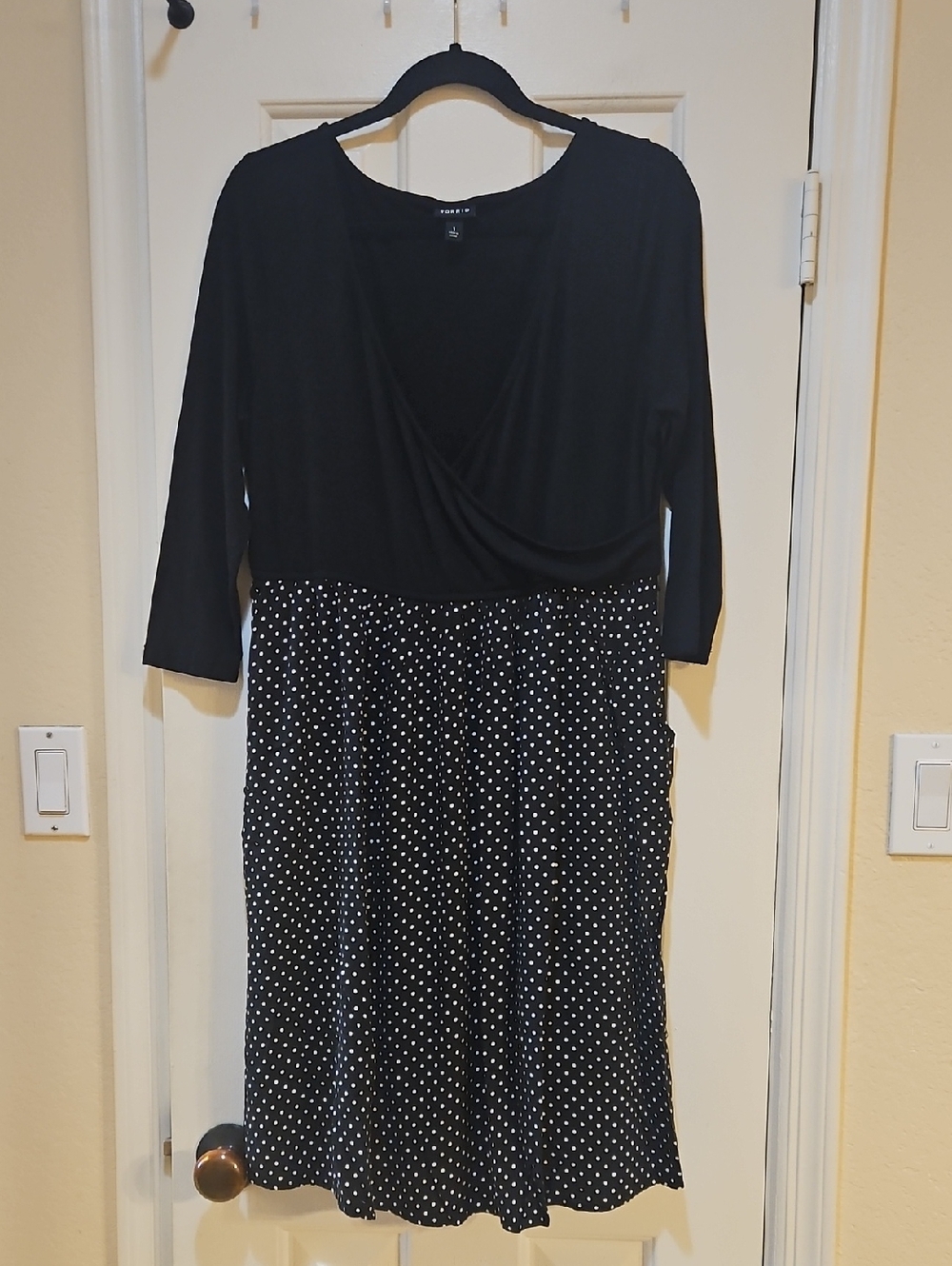 torrid Black and White Polka Dot Faux-Wrap Long Sleeve Dress